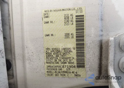 2010 Nissan Maxima 3.5 Sv из США, поврежденный, VIN 1N4AA5APXAC871908